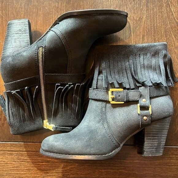 Lauren Ralph Lauren Boots Womens 7.5B Black Suede Fringe & Buckle Zip Western - Picture 4 of 11